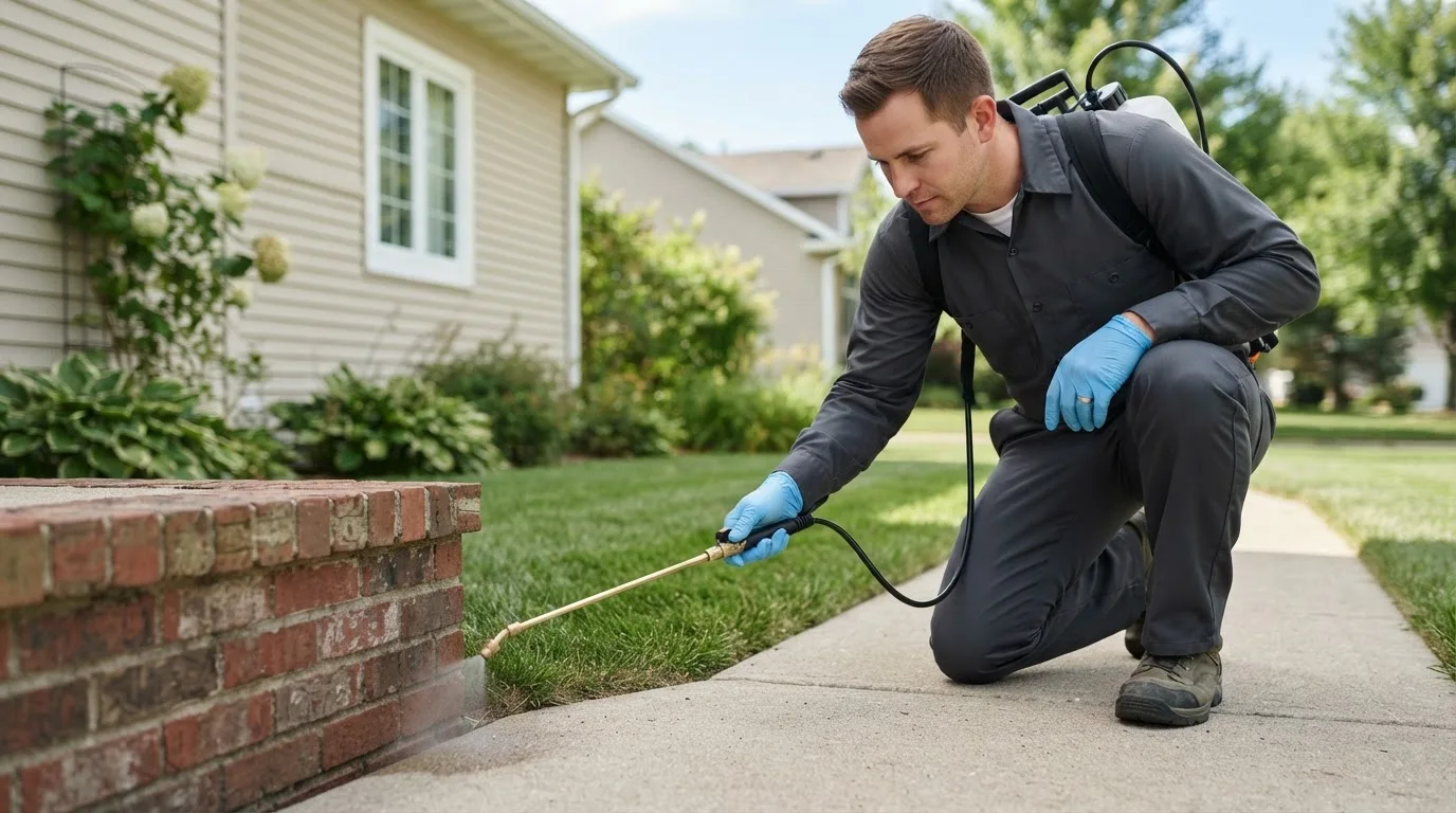 Pest control technician treating a home near Swanzey, NH